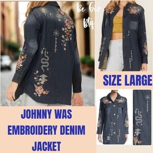 NWT Johnny Was Umoya Oversized Denim Blue With Floral Embroidery Jacket Large